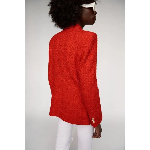 ZARA Red Boucle Tweed Double Breasted Kate Middleton Blazer Suit Jacket, Size XS - Picture 14 of 16